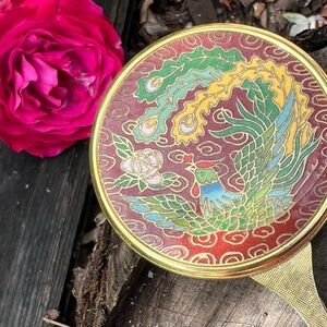 Vintage Chinese Cloisonné Vanity Hand Mirror | Green & Yellow Phoenix